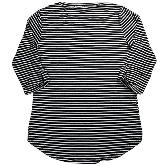 Flashmob size large black/white striped shirt 3/4 sleeve scoop neck curved hem - Picture 9 of 11